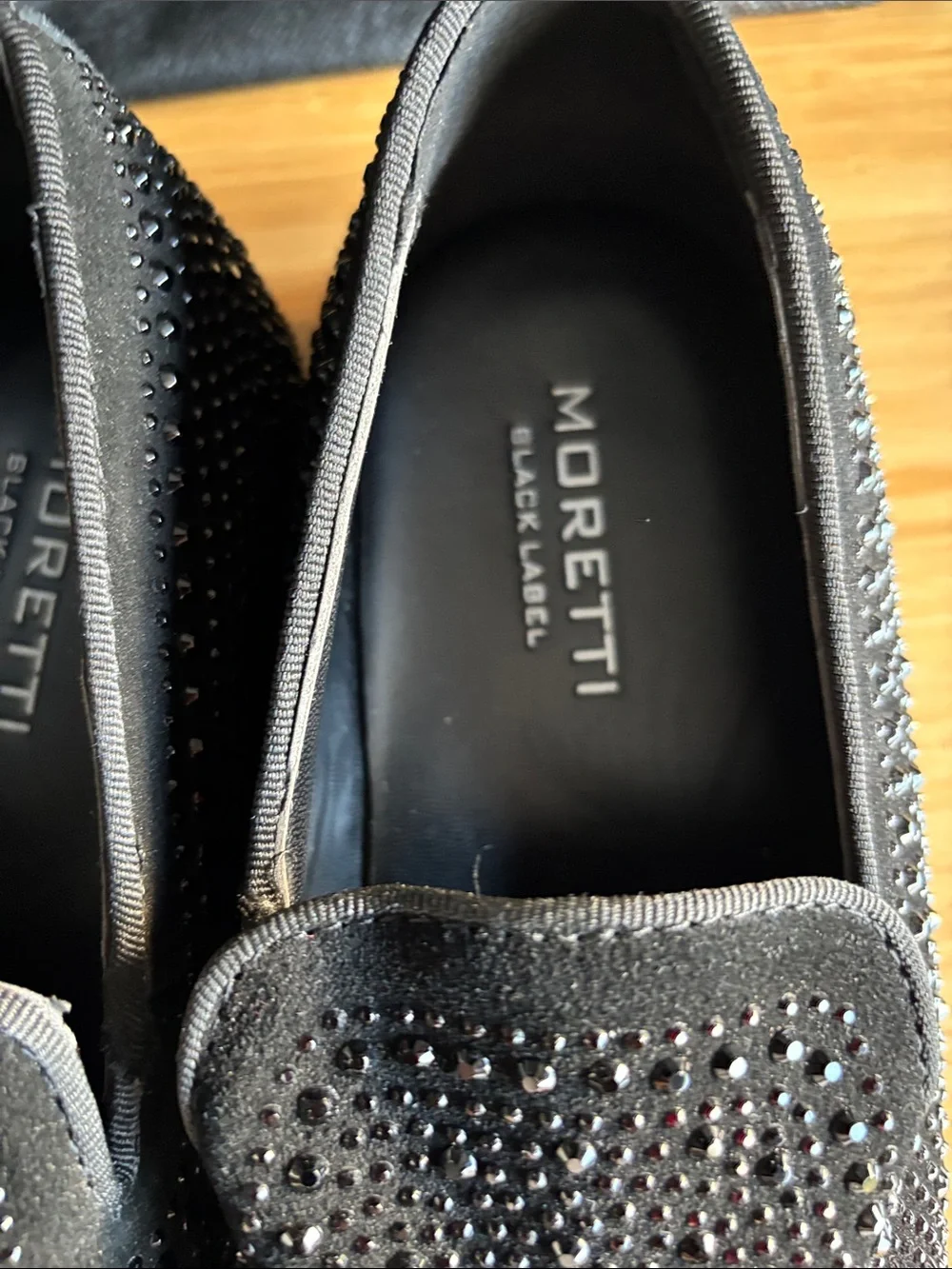 Moretti Black Label black rhinestone-studded smoking loafers 8.5
